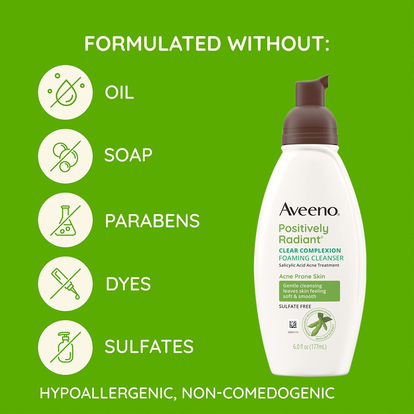 Aveeno Clear Complexion Foaming Oil-Free Facial Cleanser with Salicylic Acid Acne Medication for Breakout-Prone Skin & Soy Extracts, Hypoallergenic