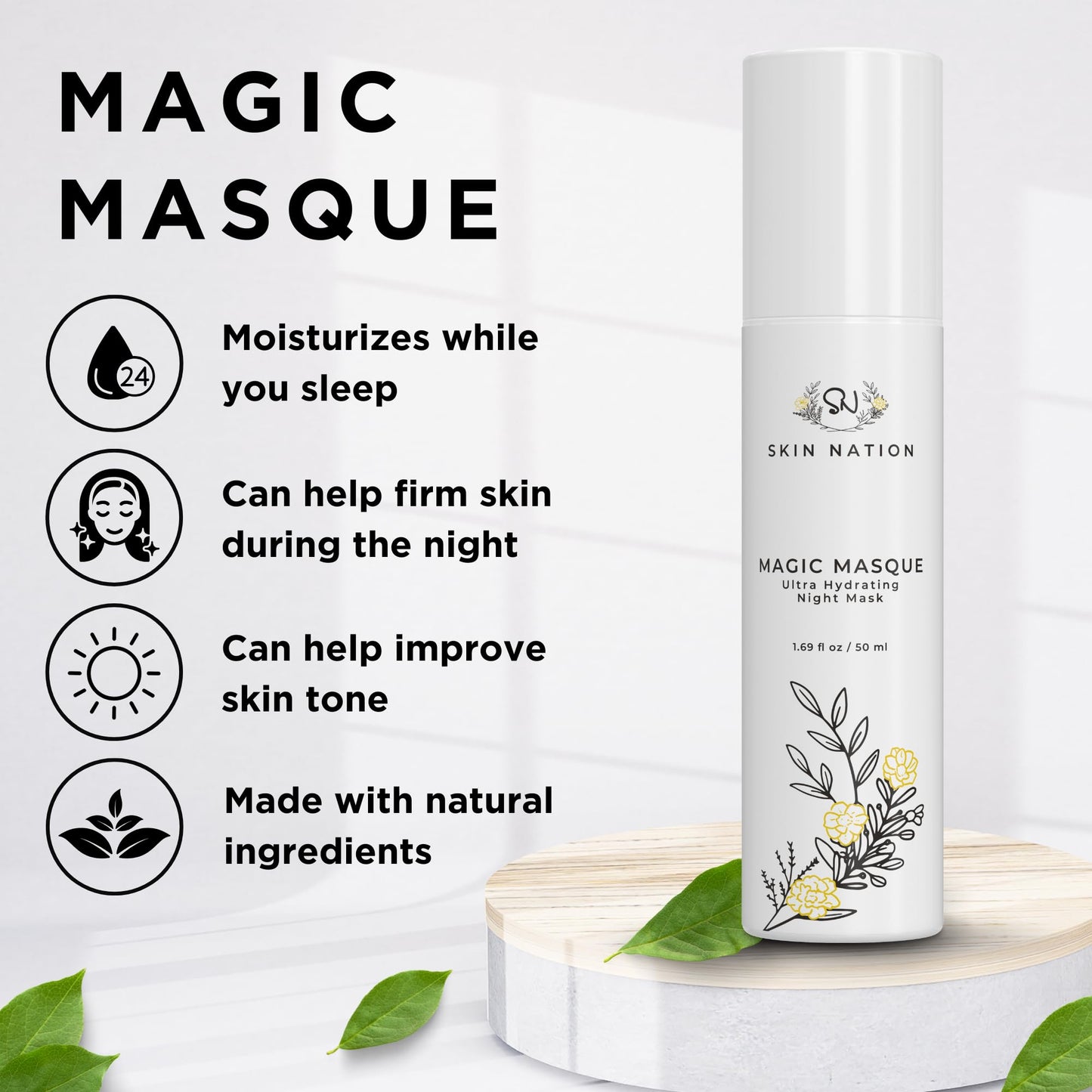 Skin Nation Magic Masque, Hydrating Night Mask with Hyaluronic Acid & Botanicals, Plant-Based Overnight Mask for Dry Skin, Smooth Texture & Radiant