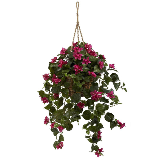 Nearly Natural Bougainvillea Silk Hanging Basket, Green/Pink