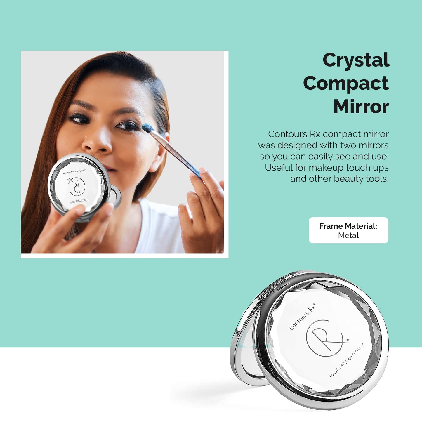 Contours Rx Crystal Compact Makeup Mirror - Dual-Sided 1x & 2X Magnification - Portable, Stylish Metal Frame for Folding Mirror, Beauty Touch-Ups