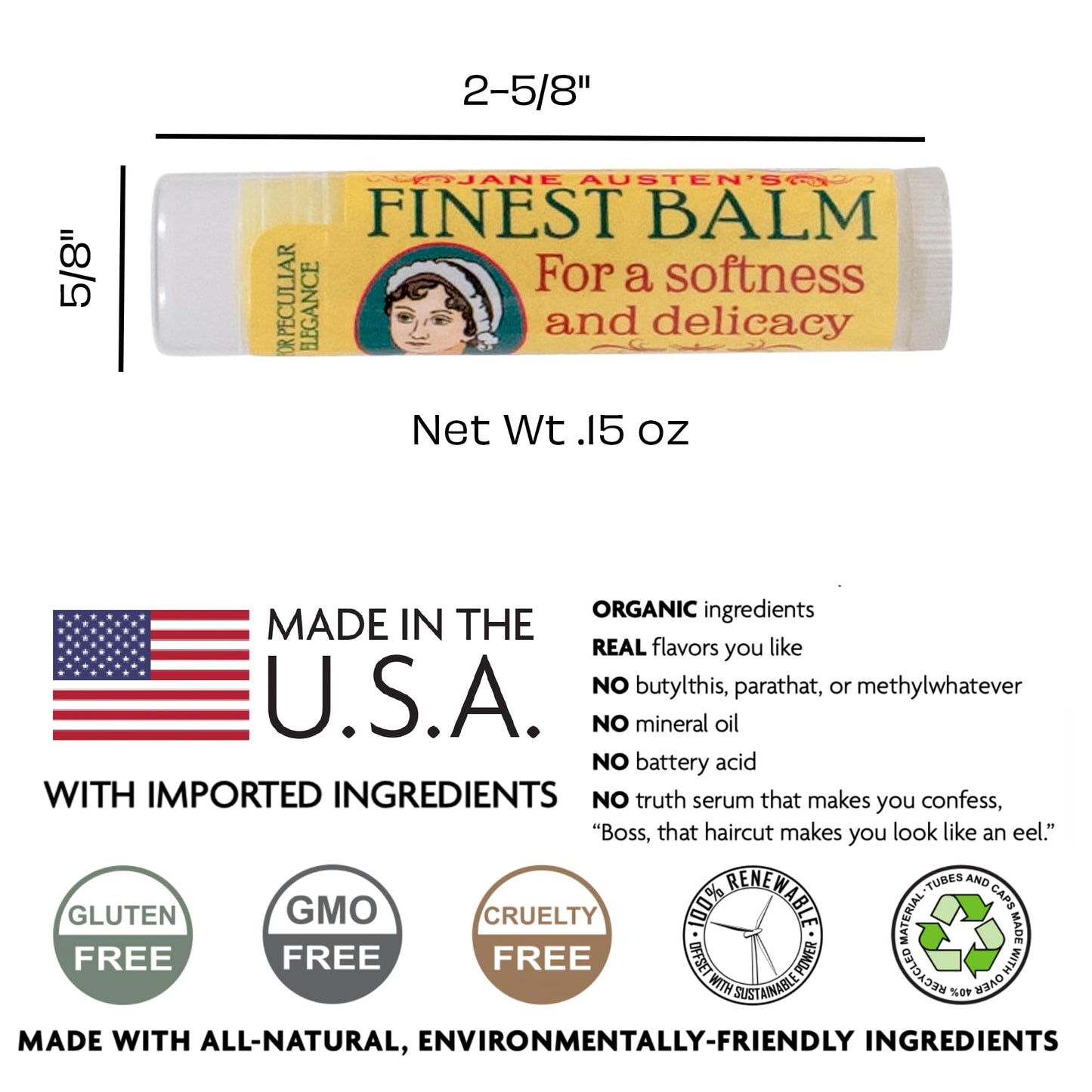 The Unemployed Philosophers Guild Jane Austen's Finest Balm - Peppermint Lip Balm, Cruelty-Free, Made in the USA from Natural and Imported Ingredients