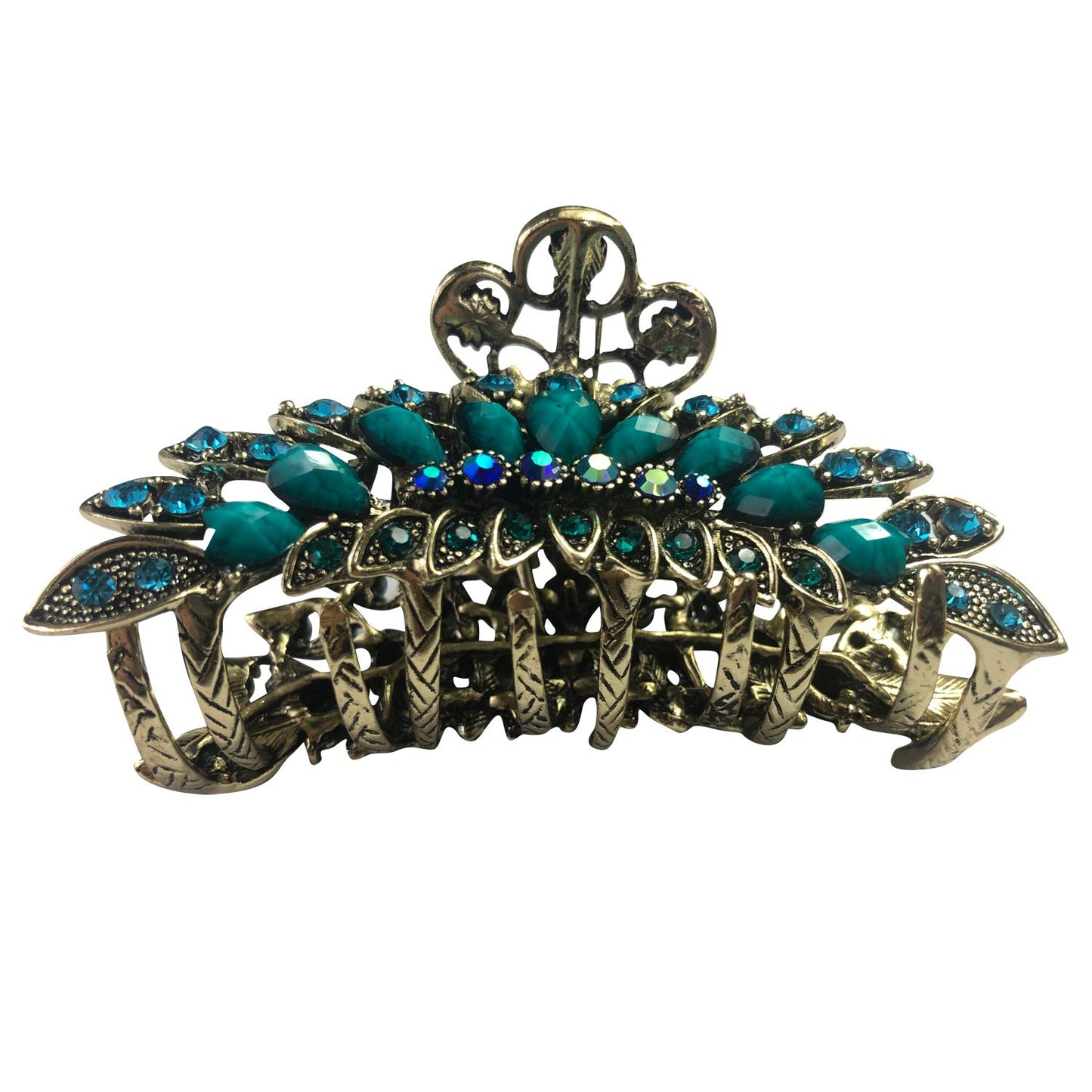Large Retro Chic Metal Grip Imitation Turquoise Jewel Beads Hair Claw Jaw Comb Pins Flowers Catch Barrette with Teeth Updo Accessories for Thick Hair