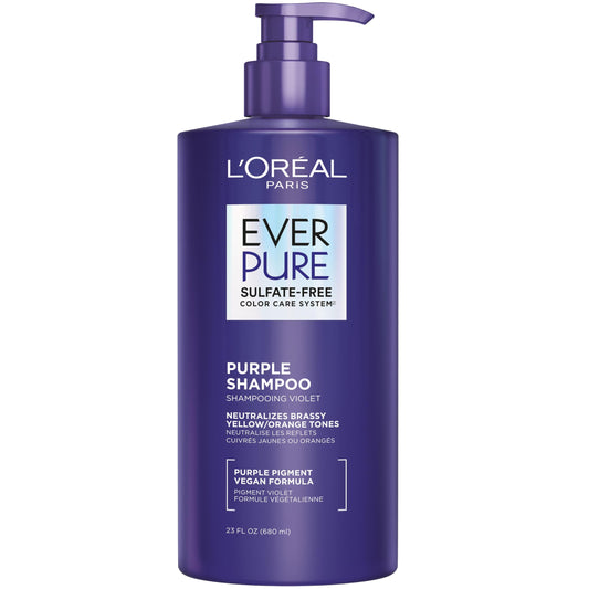 L’Oreal Paris Sulfate Free Brass Toning Purple Shampoo for Blonde, Bleached, Silver, or Brown Highlighted Hair, EverPure, 23 Fl Oz