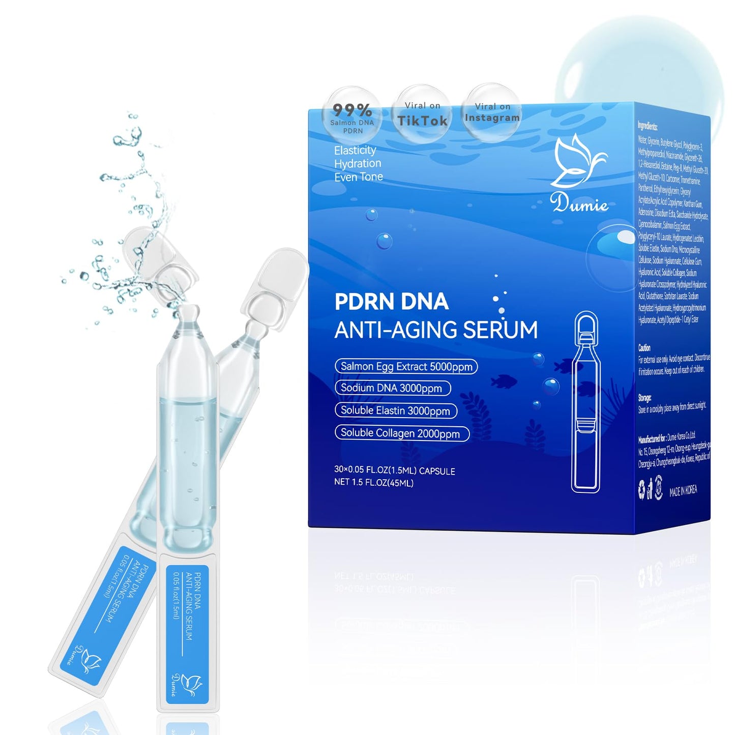 Salmon DNA PDRN Anti-Aging Serum, 5000ppm Salmon Egg DNA Ampoule, 2000ppm Collagen, Glutathione, Niacinamide & 6 Hyaluronic Acids, Korean Skincare