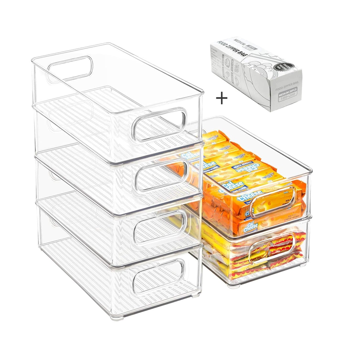 Stackable Refrigerator Organizer Bins, 6 Pack Clear Kitchen Organizer Container Bins with Handles and 20 PCS Plastic Bags for Pantry, Cabinets…