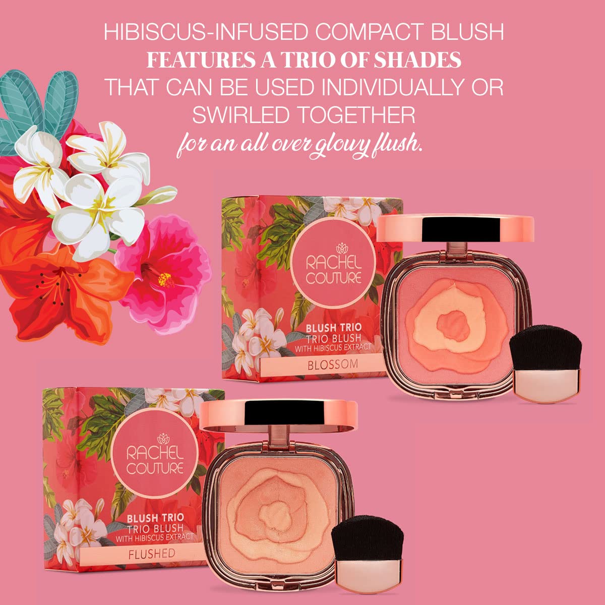 Rachel Couture Compact Blush Trio for All Over Radiant Glow | Infused with Hibiscus Extract | Vegan & Cruelty-Free - 0.32 Oz - Blossom