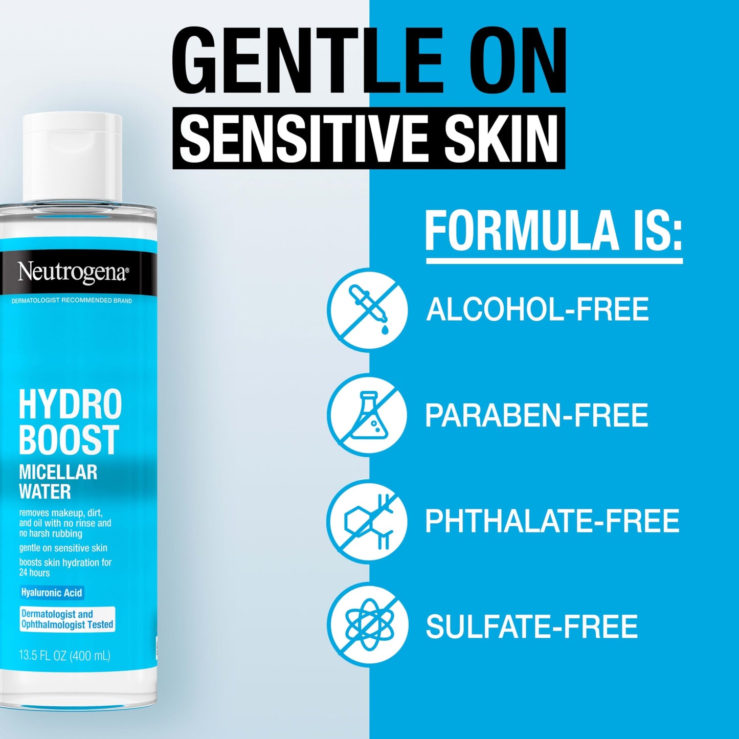 Neutrogena Hydro Boost Micellar Water with Hyaluronic Acid, Micellar Cleansing Water for Sensitive Skin, Removes Makeup, Dirt & Oil, Alcohol-Free