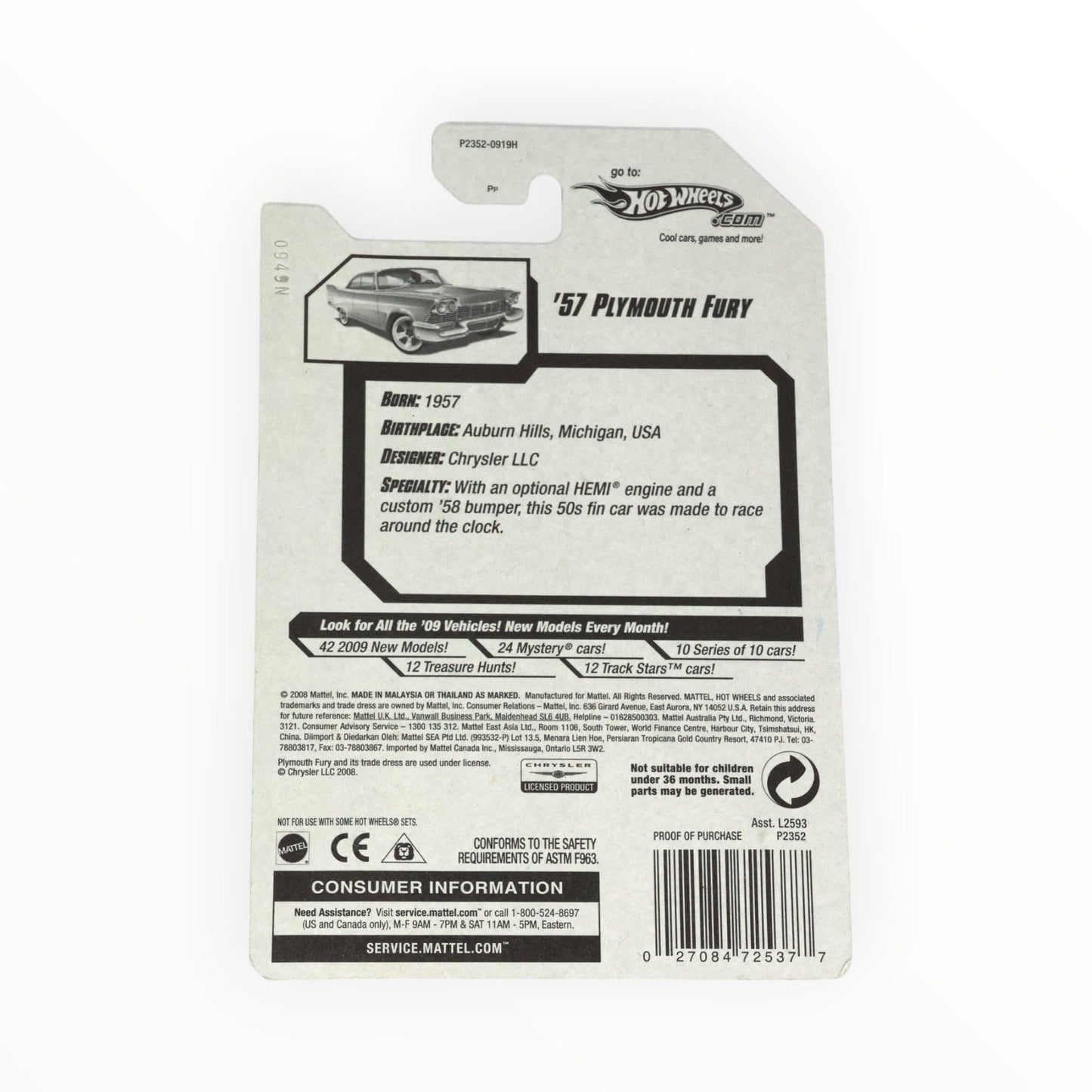 2009 Hot Wheels Treasure Hunts, 1957 Plymouth Fury, 02 of 12, 044/190 (1 Each) 1:64 Scale