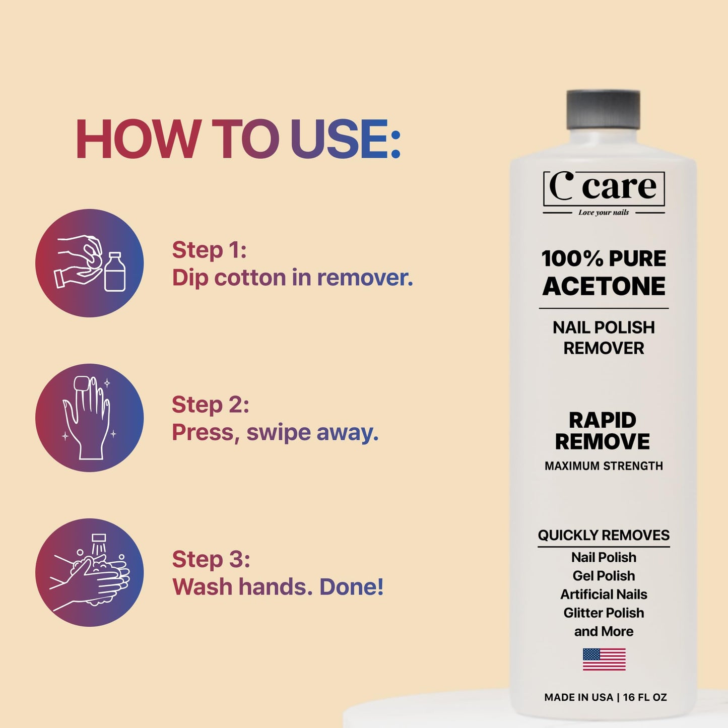 C CARE 100% Pure Acetone Nail Polish Remover | Professional Quality | Rapidly Removes Natural, Gel, Acrylic, and Glitter Nails | 16 Fl oz Beauty and Personal Care C CARE