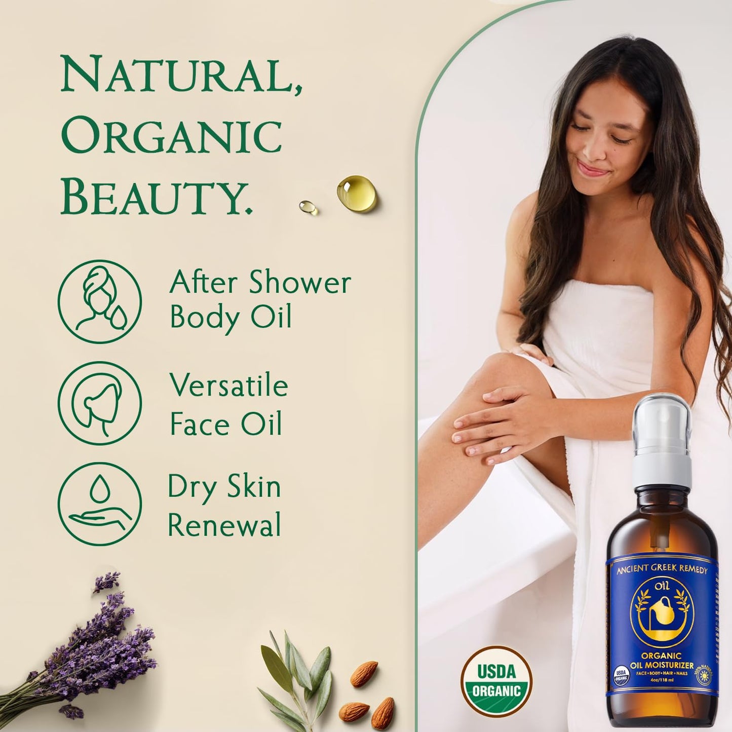 Ancient Greek Remedy Body Oil - Organic After Shower Face Oil & Body Moisturizer for Dry Skin - Almond, Jojoba, Olive, Lavender, Vitamin E Oils Beauty and Personal Care Ancient Greek Remedy
