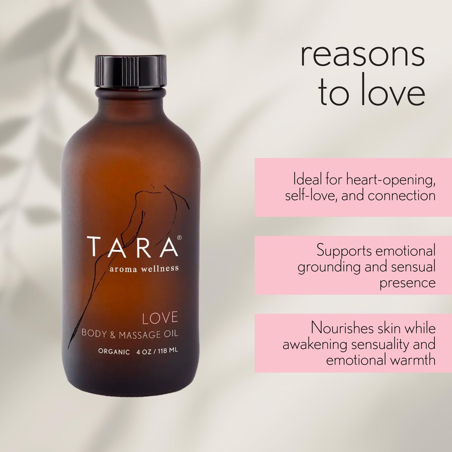 TARA Spa Therapy Love Body & Massage Oil - Premium Organic Oil for Nurturing & Sensuality, 100% Pure Essential Oils, Rose, Jasmine & Ylang Ylang, 4 oz