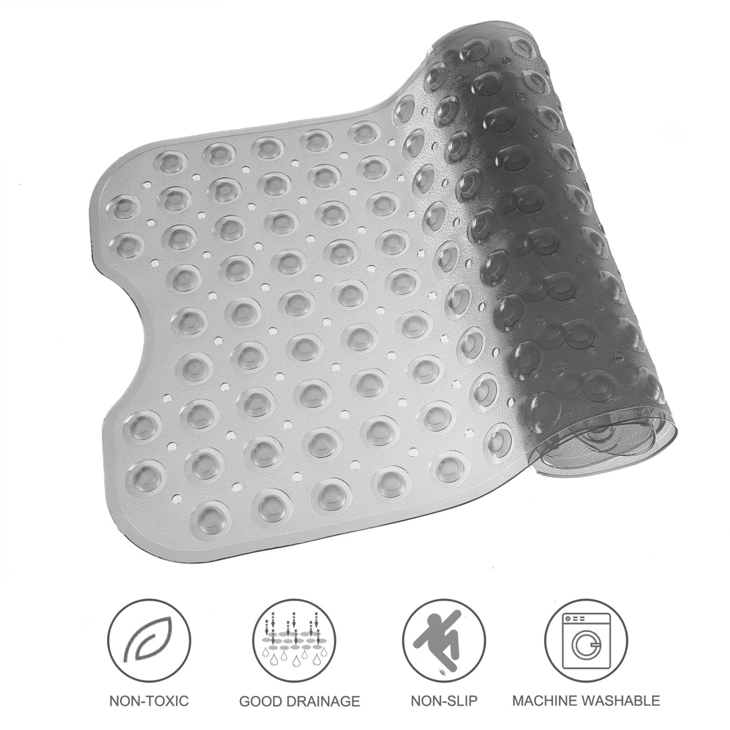 TEESHLY Extra Long Non-Slip Bathtub Mat 39x16" – Drain Holes & Suction Cups, Machine Washable Bath Mat for Shower (Clear Grey)