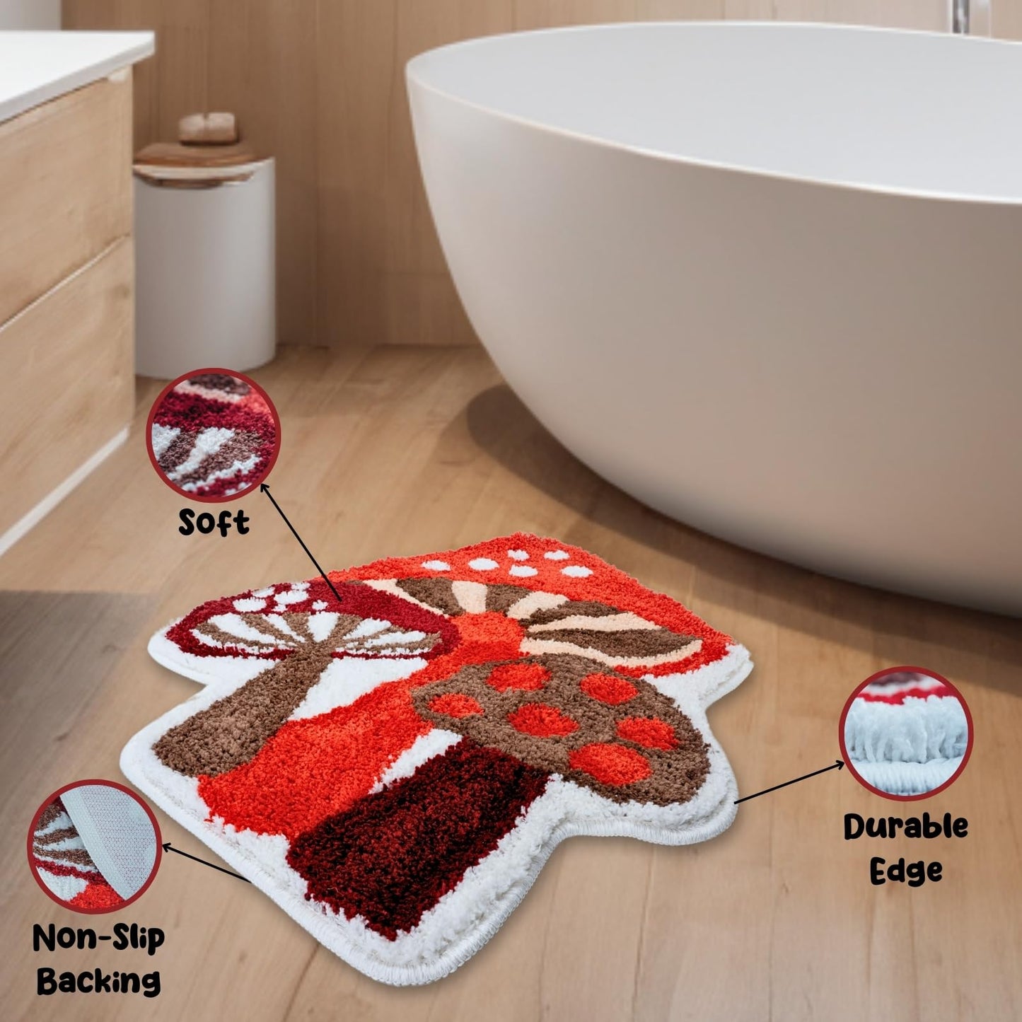 BeauWoven Mushroom Rug - Washable Bath Mat Non-Slip Bathroom Rug Absorbent Mat for Kids and Women Ideal Red Mushroom Decor Rugs for Bedroom, Kitchen