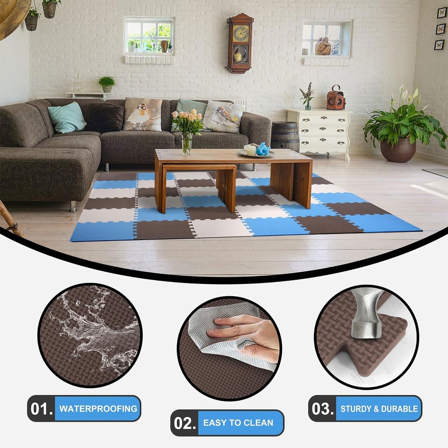 BalanceFrom Puzzle Play Mat – 36 Interlocking Foam Floor Tiles, Blue/Brown/Beige, Soft Playroom Flooring for Indoor & Outdoor Playpen