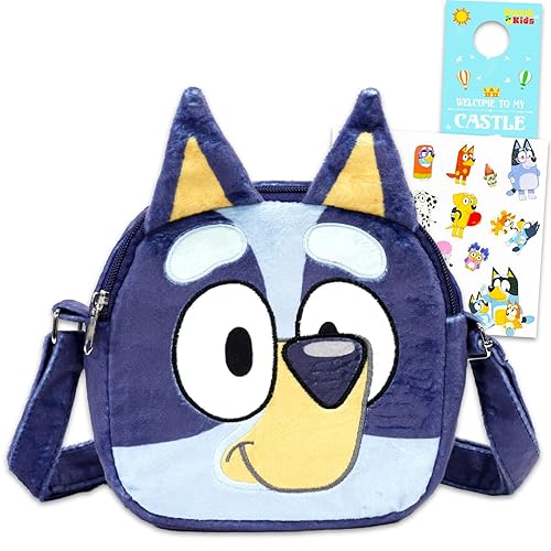Bluey Plush Shoulder Hand Bag Set - Bundle with 3D Plushie with Adjustable Strap Plus Stickers, More | Bluey Plush Purse for Kids, Girls