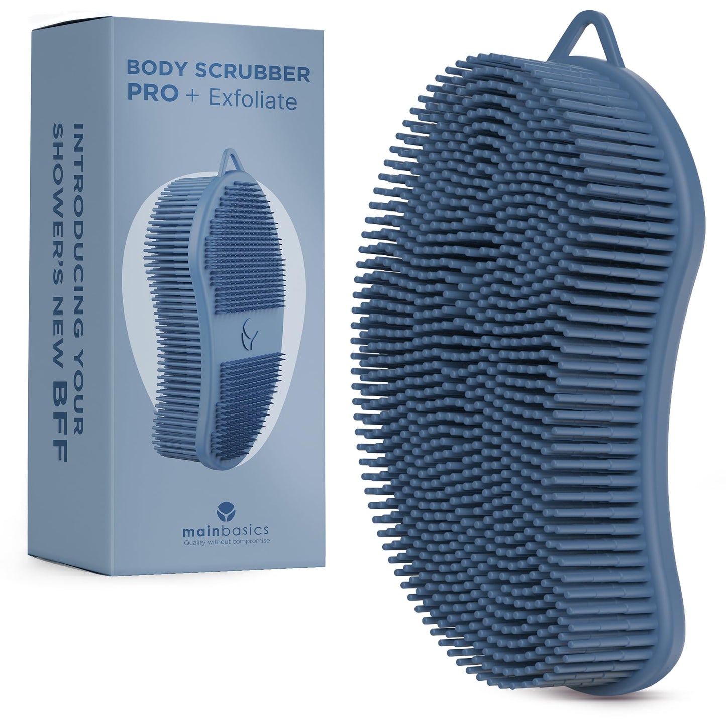 MainBasics Silicone Body Scrubber Dual-Sided Shower Loofah and Exfoliator (Dark Blue, Exfoliate)