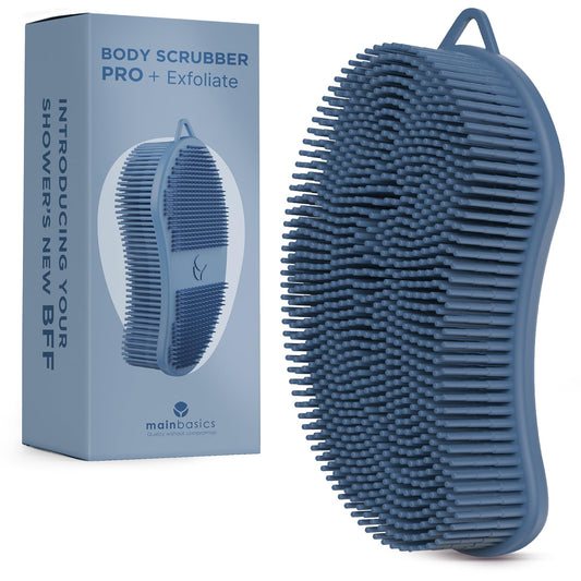 MainBasics Silicone Body Scrubber Dual-Sided Shower Loofah and Exfoliator (Dark Blue, Exfoliate)