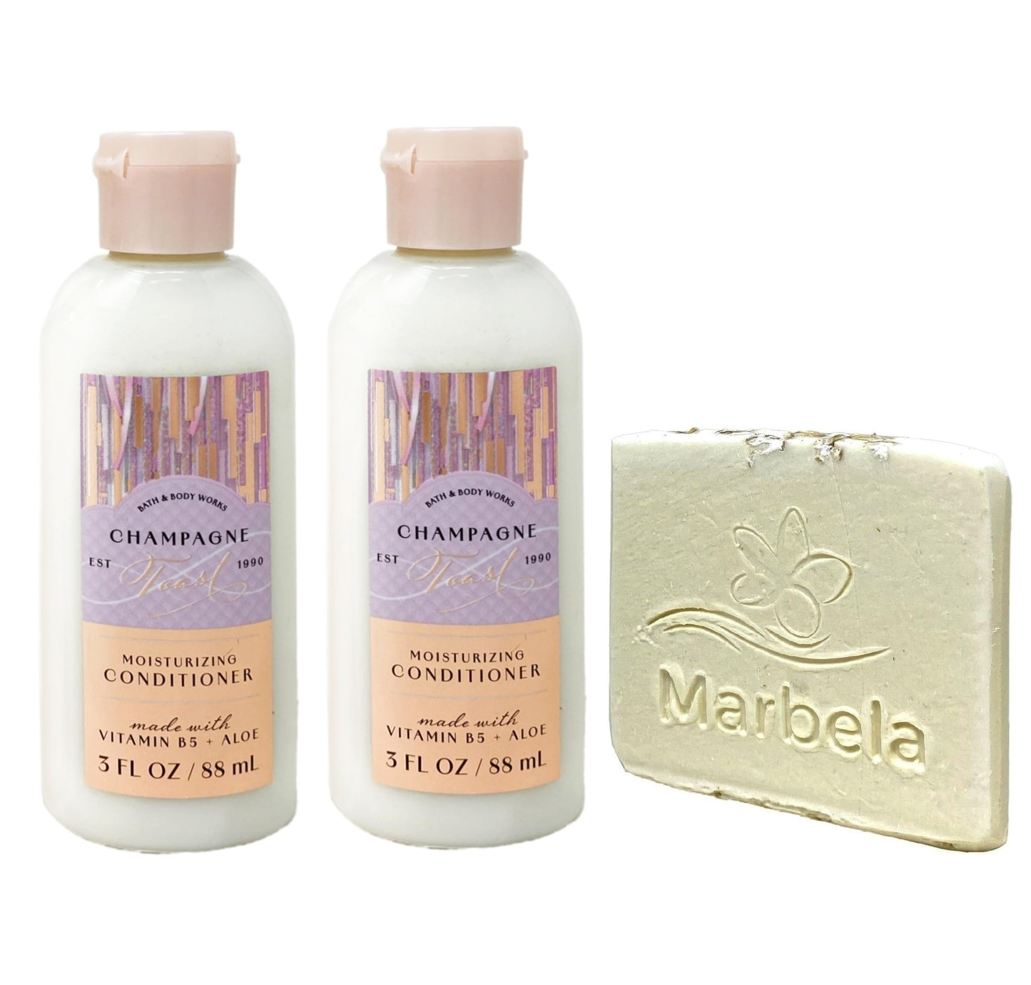 Bath & Body Works Champagne Toast 2 Pack Mini Moisturizing Conditioner Bundle with a Natural Oats Sample Soap - Travel Size