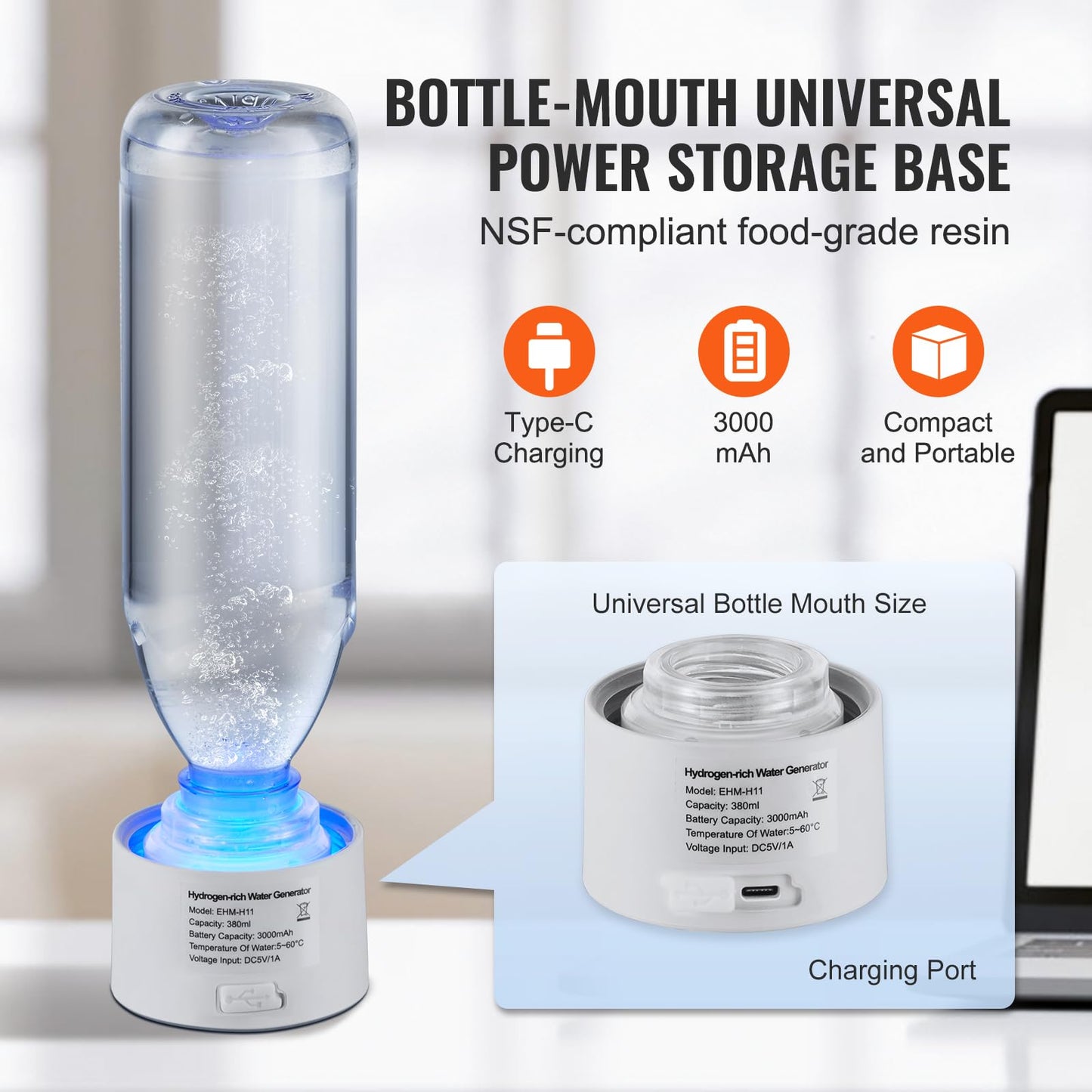 VEVOR Hydrogen Water Bottle, Hydrogen Water Bottle Generator up to 2000 ppb, 380ml Portable Hydrogen Water Machine, SPE Technology hydrogen water