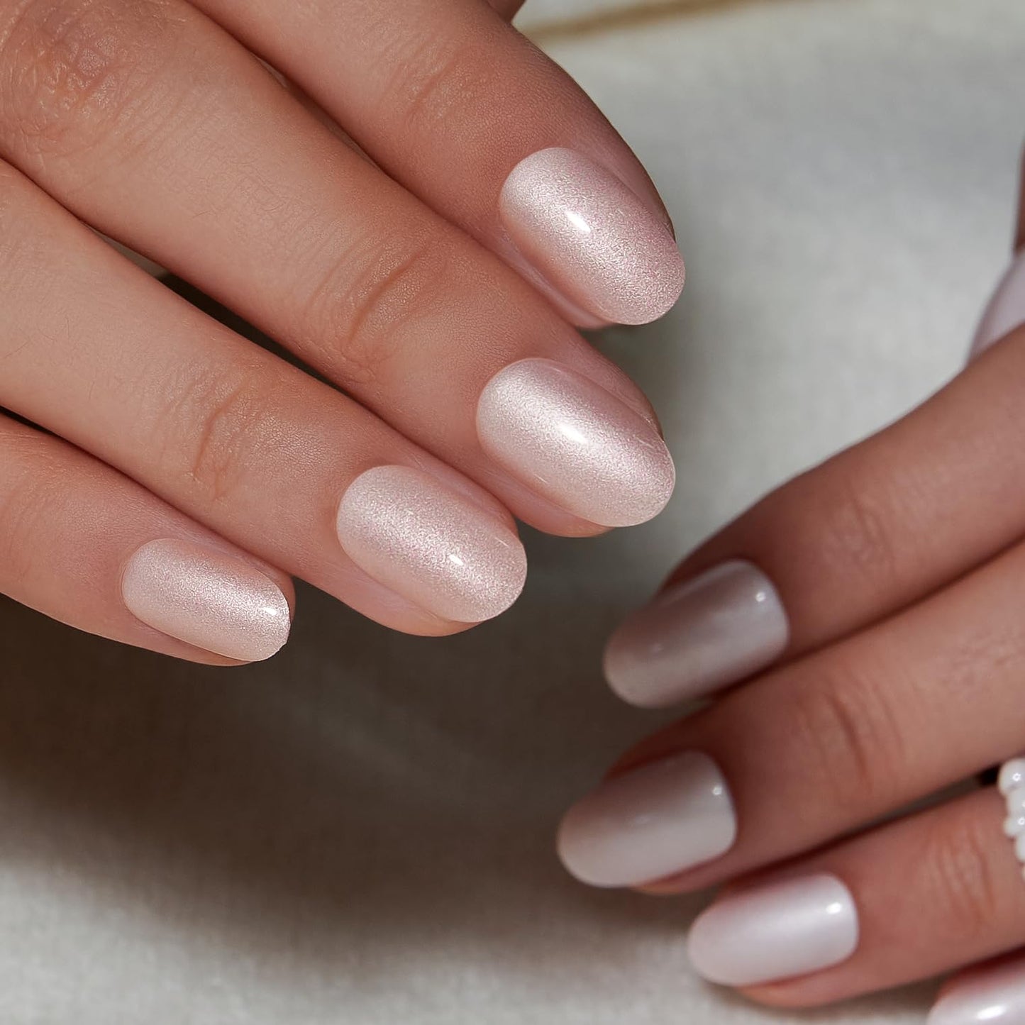 CurvLife Short Oval Press On Nails - Moonlight Pearly Shimmer Glossy White Pearl Press on Nails with Glue Natural Long Lasting Fake Nails False Nail Beauty and Personal Care CurvLife