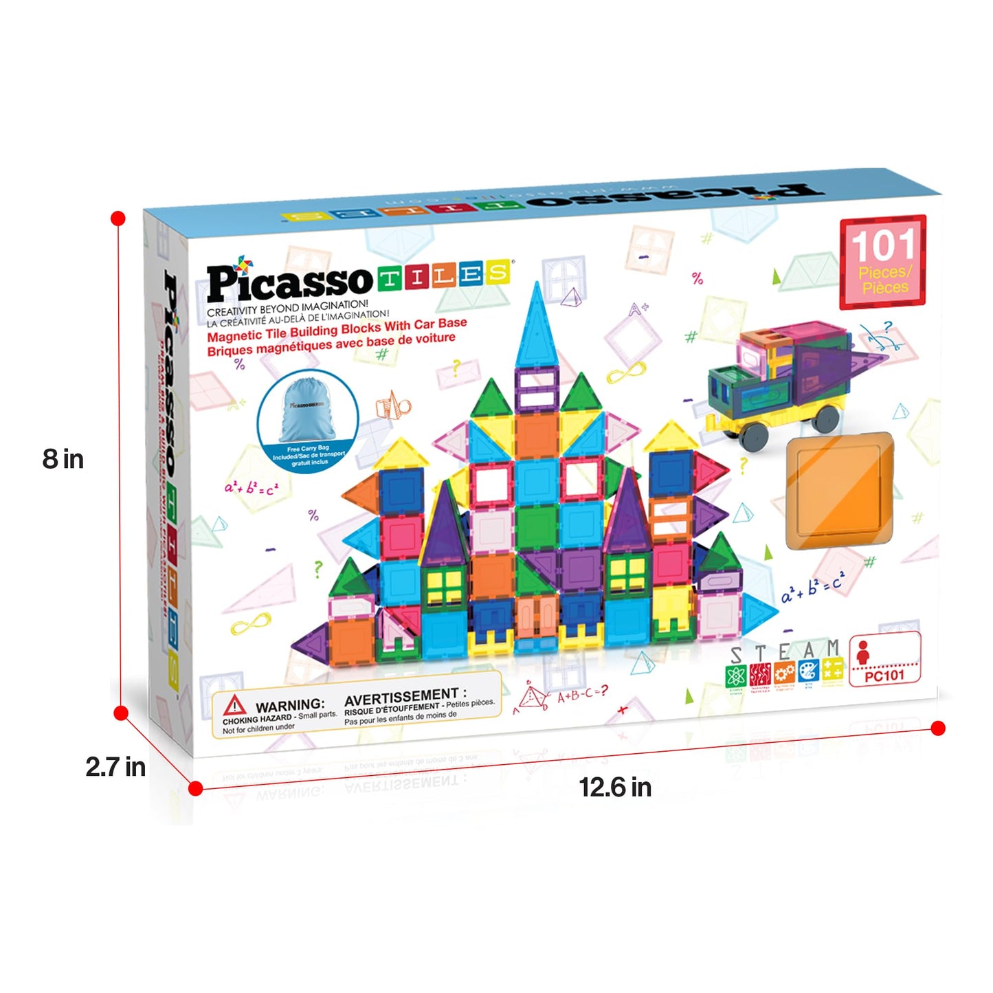 PicassoTiles 101pcs Magnetic Tiles with Car & Carry Bag – STEM Building Blocks Educational Toy Set for Kids Ages 3+ (PC101)