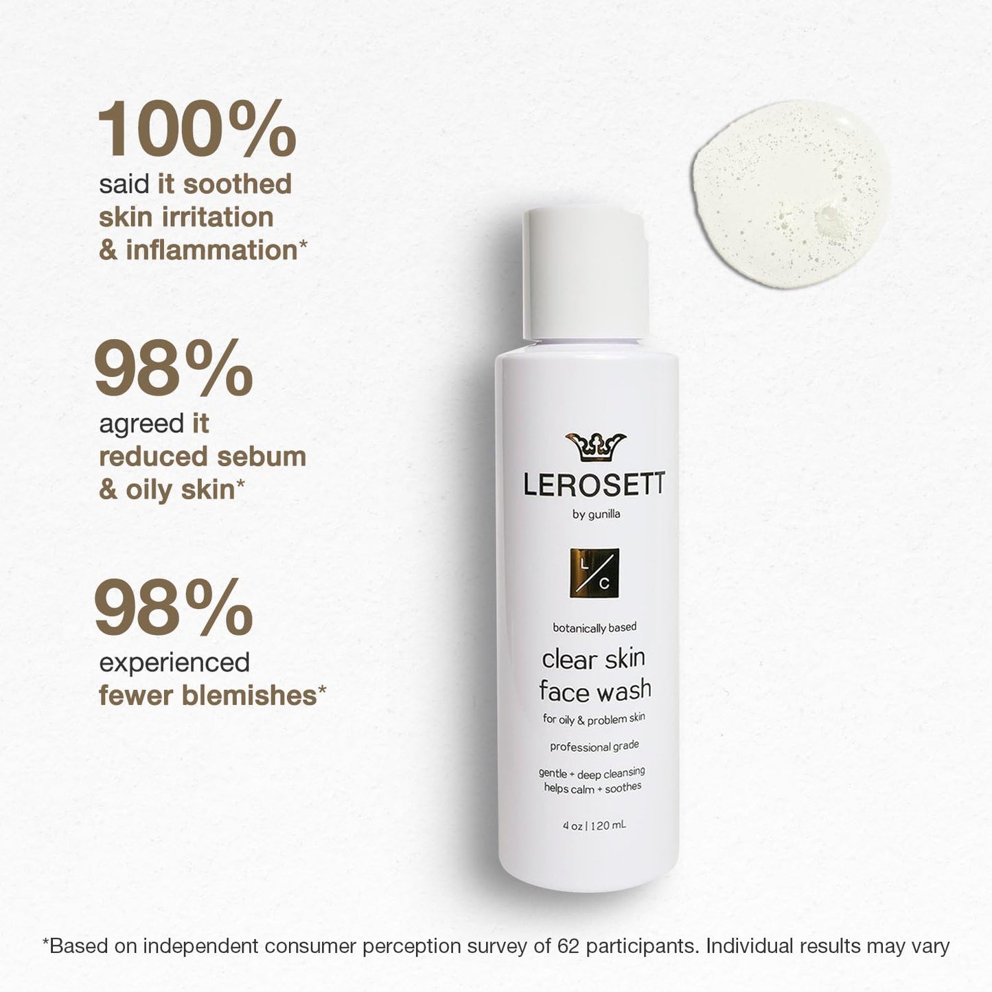 LEROSETT® Clear Skin Face Wash - Gentle Gel Cleanser with 60% Aloe-Rich Botanicals, 4% Glycolic Acid & Vit-E Microbeads - Fights Breakouts, Unclogs