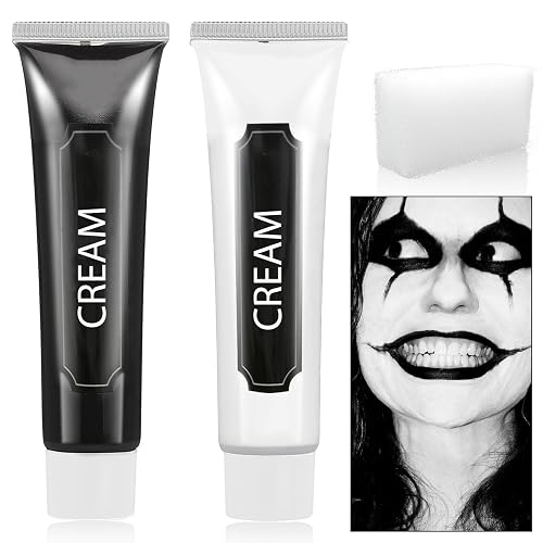 WENJLYJ 2 PCS Black White Cream Face & Body Paint Set, Halloween SFX Makeup Kit, Professional Face Painting Kit for Zombie Skeleton Cosplay Clown