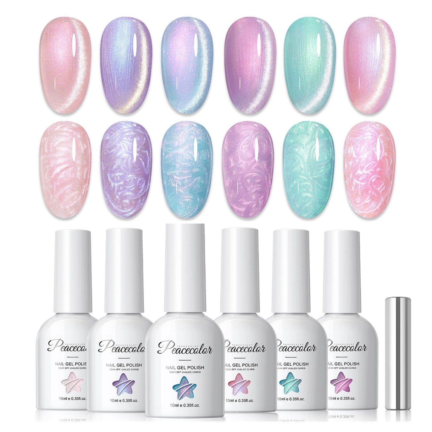 PEACECOLOR Cat Eye Gel Nail Polish Magnetic Shimmer Pearl Nail Polish with Magnet 6 Colors Summer Cateye Gel Polish Iridescent Chrome Mermaid Drawing Beauty and Personal Care PEACECOLOR Default Title