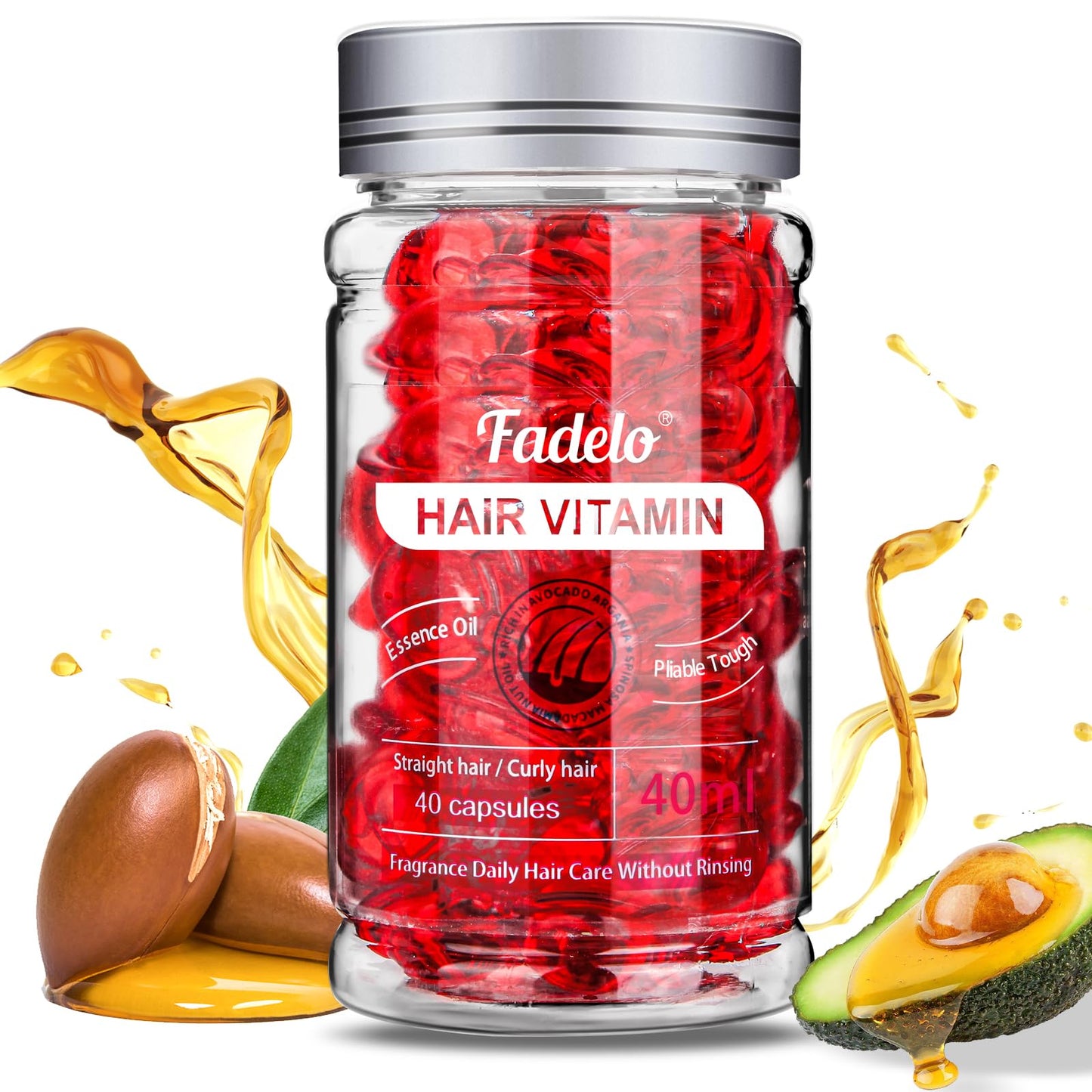 Fadelo Hair Treatment - Frizz and Damage Control with Vitamins A, C, E, B5, Argan, Macadamia, and Avocado Oils - 40 Capsules