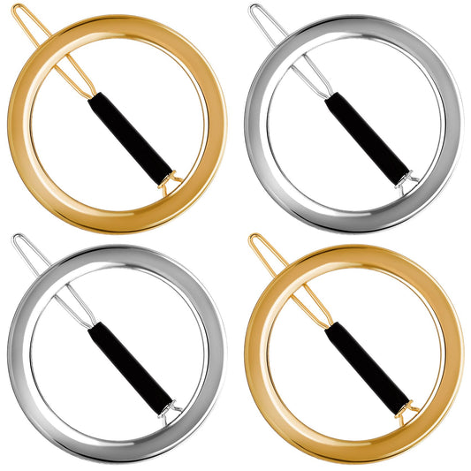 PAGOW 4 Pcs Minimalist Hair Clip for Women, Gold & Sliver Hollow Hoops Round Circle Geometric Metal Hair Clip, Dainty Circle Bobby Pin Ponytail Holder