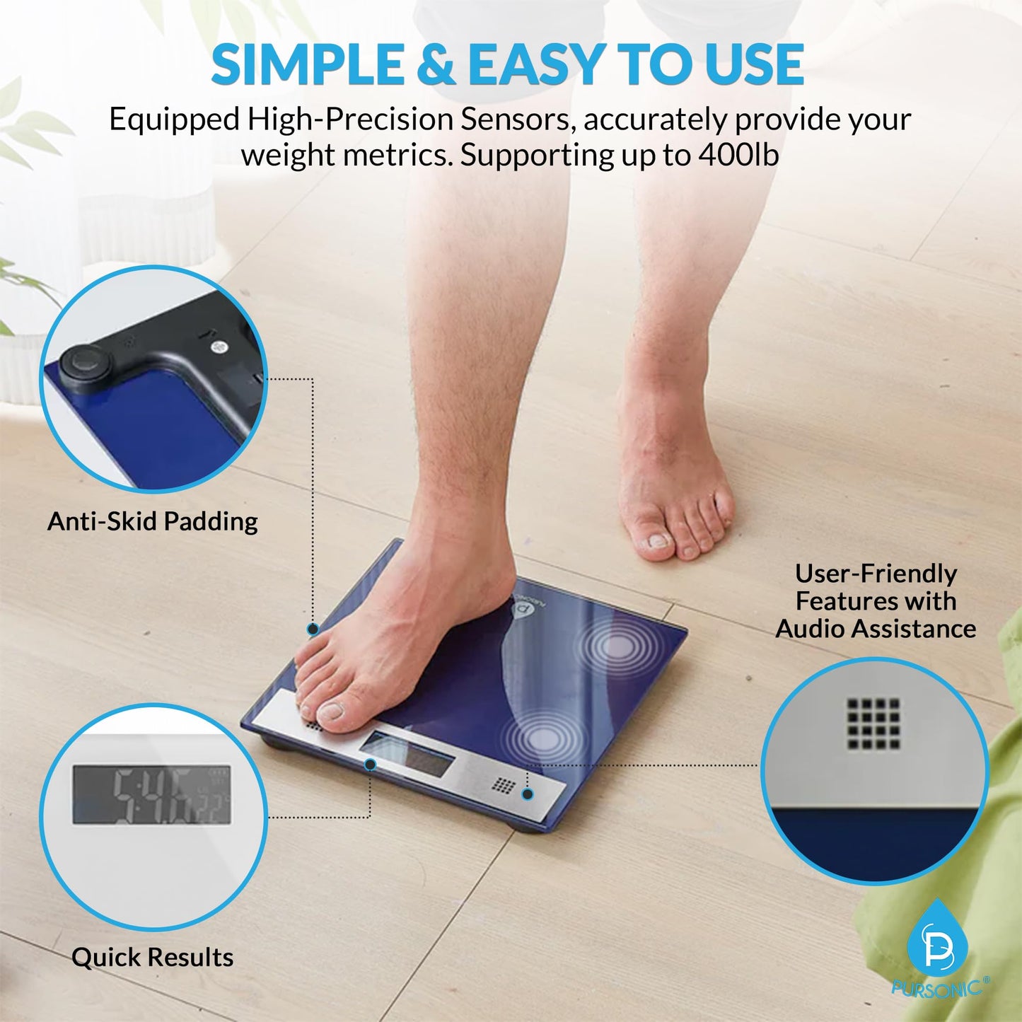 Pursonic Talking Bathroom Scale for Body Weight - 400lb Digital Weight Scale with 5mm Tempered Glass, Clear LCD Display & Auto Shut Off - Accurate…