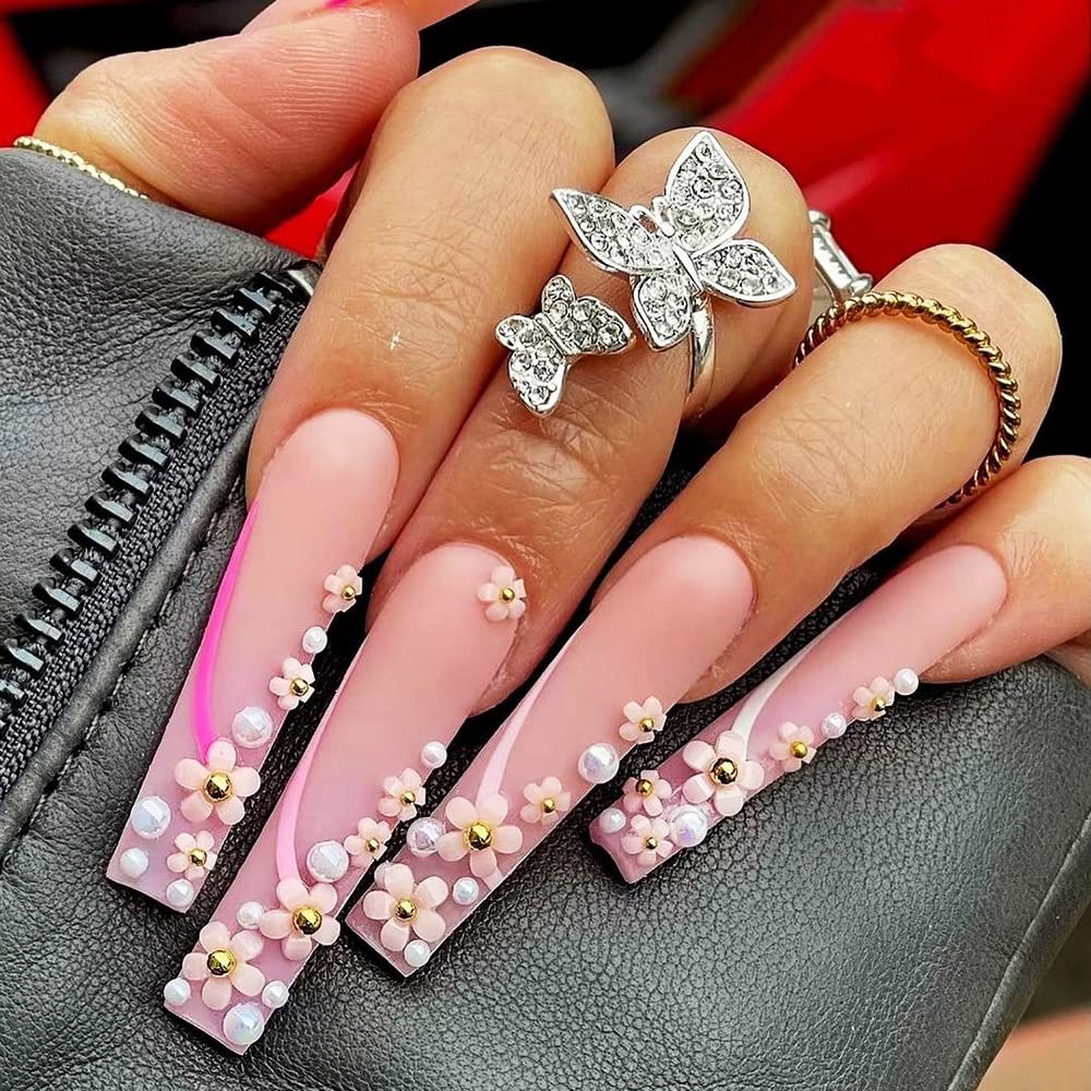 3D Flower Nail Art Charms, 6 Grids 3D Acrylic Nail Flowers Rhinestone Light Change Pink White Blue Cherry Blossom Acrylic Spring Nail Art Supplies