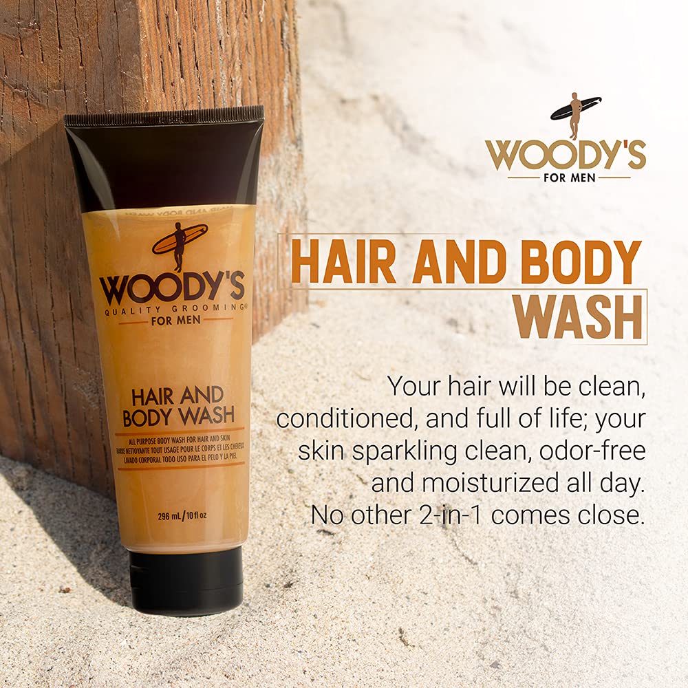 Woody's Hair and Body Wash for Men - 2-in-1 Cleanser & Body Wash, Deep Cleansing, Hydrating, Refreshing Scent, Sulfate-Free, 10 fl oz, 1 Pack