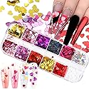 12 Colors Heart Holographic Nail Glitter Sequin Accessories Colorful 3D Heart Nail Flakes Powder UV Gel Polish Acrylic Design for Women Girls Manicure