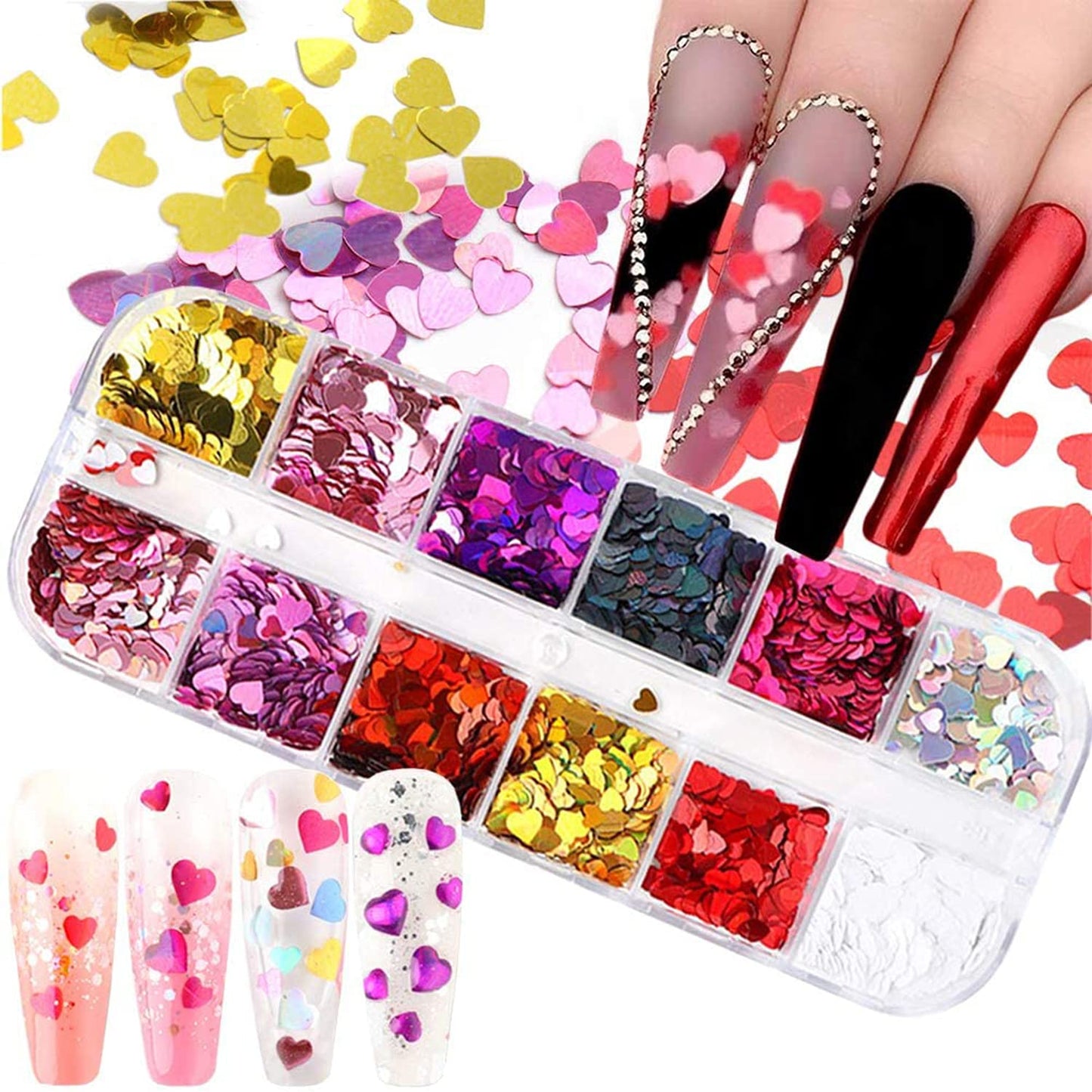 12 Colors Heart Holographic Nail Glitter Sequin Accessories Colorful 3D Heart Nail Flakes Powder UV Gel Polish Acrylic Design for Women Girls Manicure