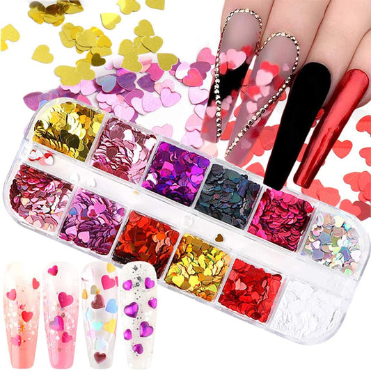 12 Colors Heart Holographic Nail Glitter Sequin Accessories Colorful 3D Heart Nail Flakes Powder UV Gel Polish Acrylic Design for Women Girls Manicure