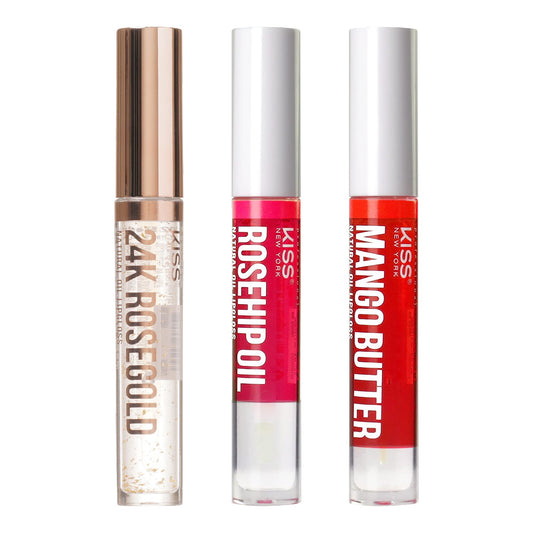 Kiss New York 3 PACK Lip Oil Gloss, Hydrating Non-Sticky Lip Oil, 100% Natural Oil Clear Lip Gloss, Lightweight Lip Moisturizer (Rosegold & Rosehip