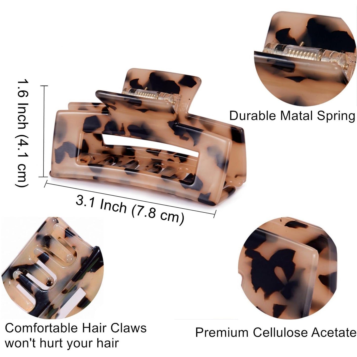 3 inch Hair Claw Clips Cutout Tortoise Shell Celluloid Hair Jaw Clips French Design Rectangle Hair Clamp for Women Ladies Mother (2 Pack)
