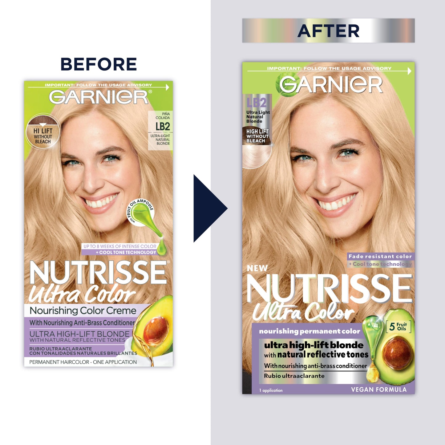Garnier Hair Color Nutrisse Ultra Color Nourishing Creme, LB2 Ultra Light Natural Blonde (Pina Colada) Permanent Hair Dye, 1 Count (Packaging May