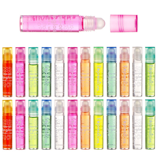 Expressions girl 24pc Roll On Lip Gloss Set with Carrying Case, Glossy Lip Make-up for Kids and Teens - Fruity Flavors, Non Toxic, Kid Friendly, Party