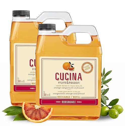 Cucina Fruits & Passion Sanguinelli Orange & Fennel Kitchen Hand Soap Refill, 1L Each - 2 Pack | Biodegradable, Cold-Pressed Olive Oil, Vegan, Made in