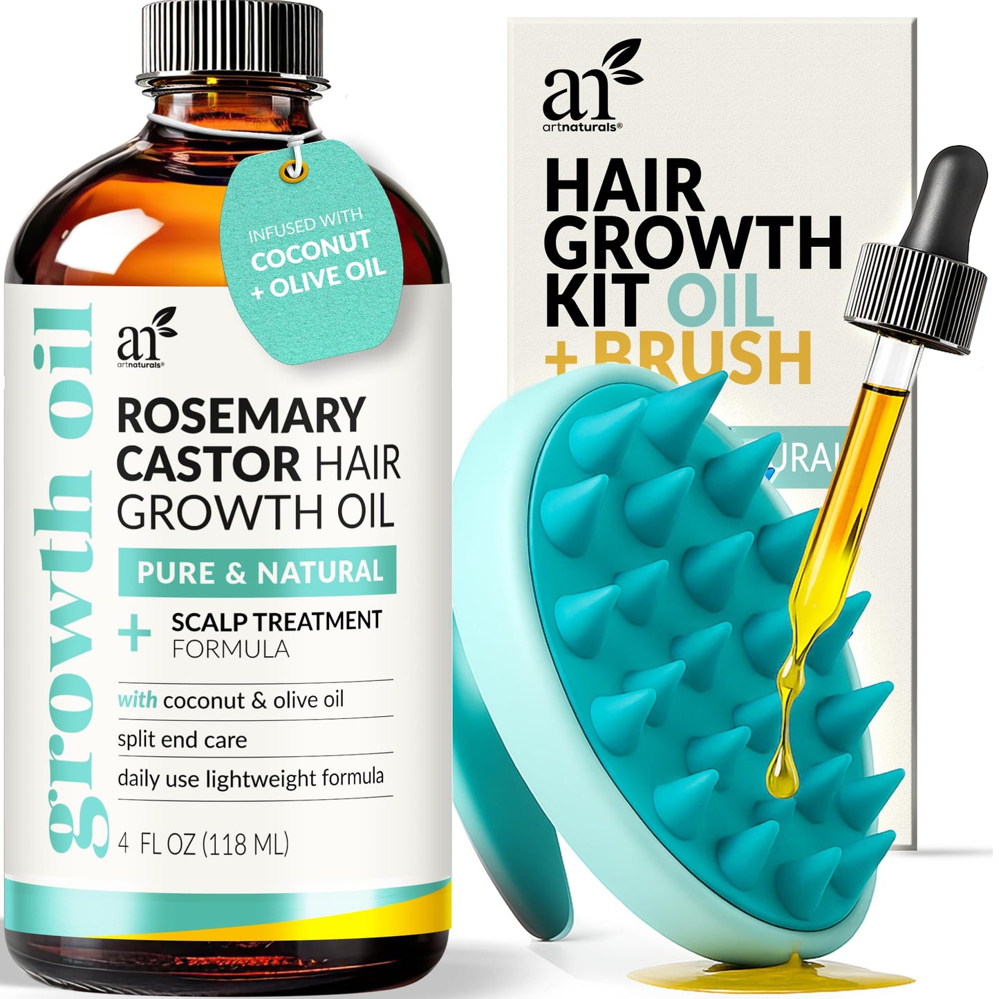 ArtNaturals Organic Rosemary Castor Hair Growth Tonic Oil + Massager Hair Regrowth Set, 4 oz with Coconut & Olive Oil, Scalp Treatment for Dry Beauty and Personal Care Artnaturals