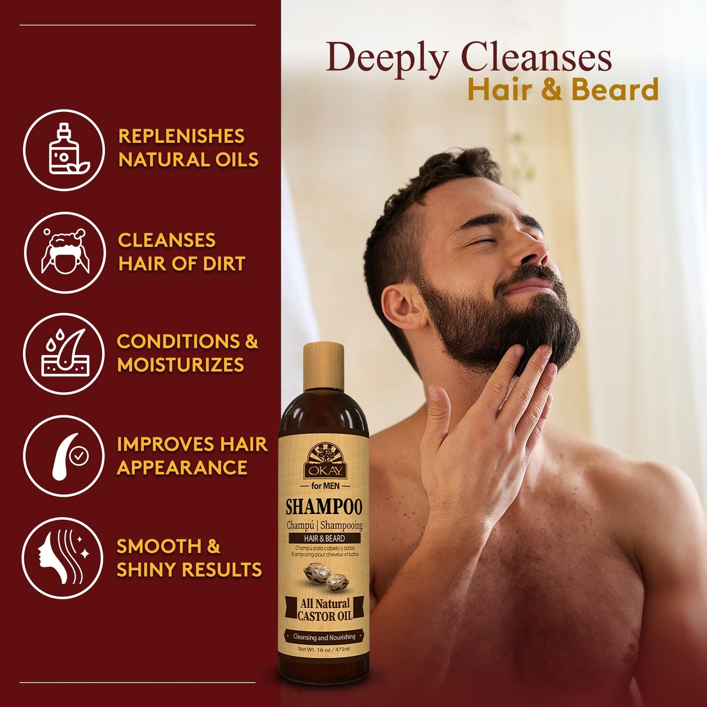 OKAY for MEN Castor Oil Hair & Beard Shampoo - Hydrating Shampoo for Healthy Hair & Beard Growth, Moisturizing Care, Strengthen & Restore Damage