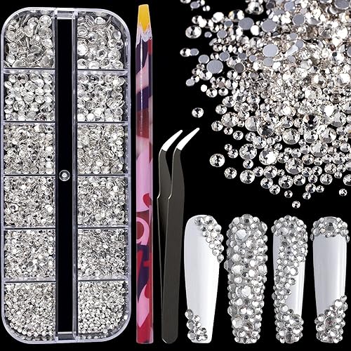 6 Sizes Transparent White Silver Glass Crystal Kit with Pickup Pen + Tweezer Tools for Shine Nail Art Manicure Makeup DIY Decoration Flatback Round