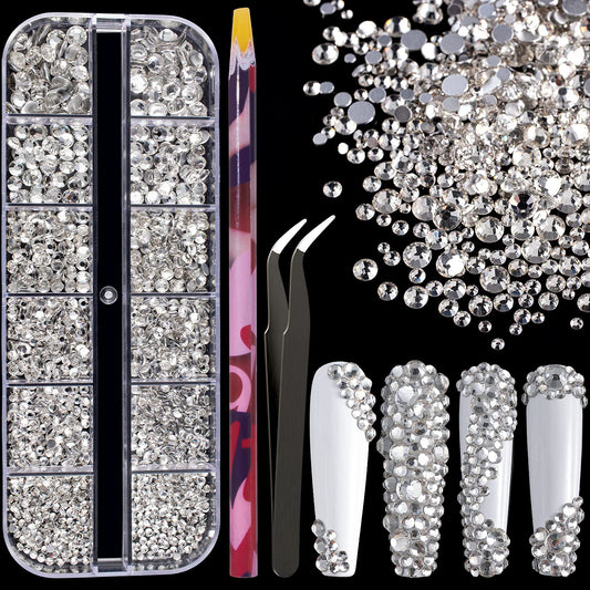 6 Sizes Transparent White Silver Glass Crystal Kit with Pickup Pen + Tweezer Tools for Shine Nail Art Manicure Makeup DIY Decoration Flatback Round