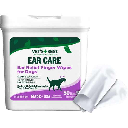 Vet's Best Ear Cleaner Finger Wipes for Dogs – 50 ct Disposable Pads to Soothe Itchy Ears, Remove Odor & Gently Clean for Hygiene & Relief