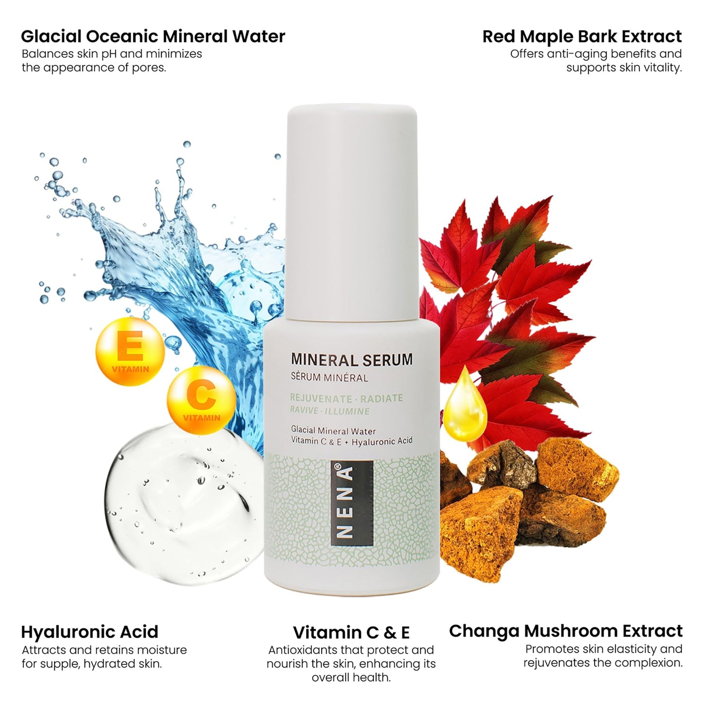 NENA Skincare Mineral Serum - Vitamin C Serum with Hyaluronic Acid - Face Lotion for Deep Hydration, Firmness and Elasticity - All Skin Types - 1 oz Beauty & Personal Care NENA