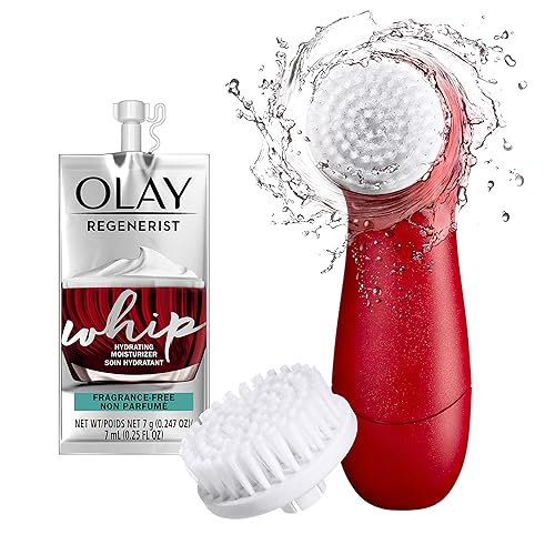 Olay Regenerist Face Cleansing Device, 2 Brush Heads + Whip Face Moisturizer Travel/Trial Size Gift Set