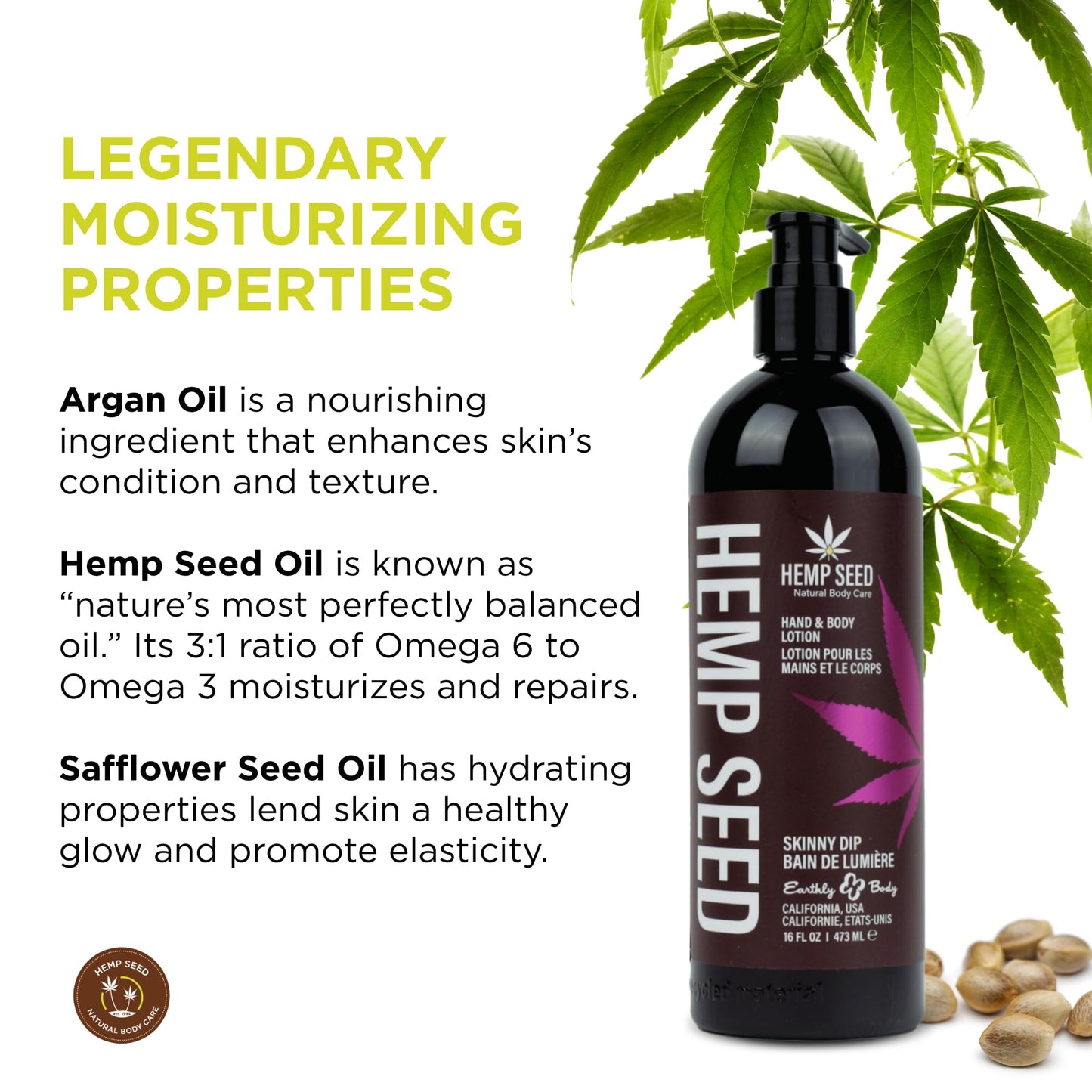 Hemp Seed Hand & Body Lotion, Skinny Dip Scent - 16 oz. - Soothe Dry Skin - Argan Oil, Hemp Seed Oil - Light, Non-Greasy Formula - Vegan & Cruelty