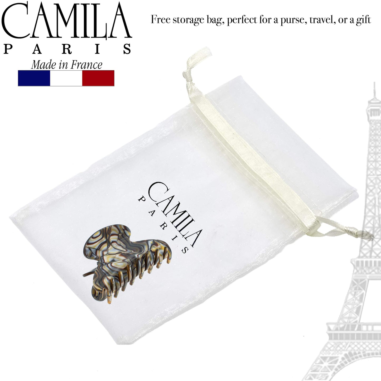 Camila Paris CP3058 French Hair Clip for Women, Onyx, for Thick Long Curly Wavy Hair, Jaw Clip, Strong Hold No Slip Grip, Made in France